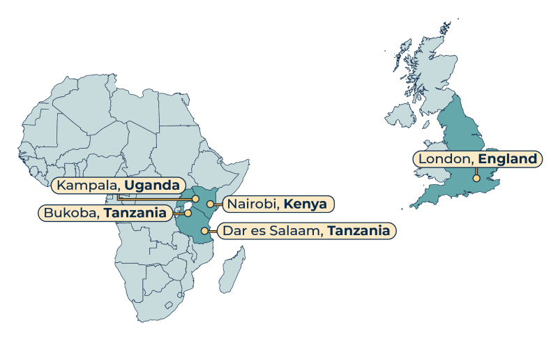 Map of Mathematica's international office locations in Uganda, Tanzania, Kenya, and the UK.