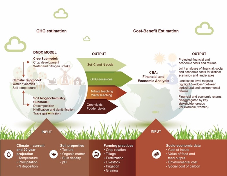 Infographic that demonstrates input and output of greenhouse gas emissions tool