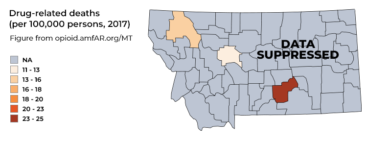 A county map of Montana; only three counties have color indicated a known number of drug-related deaths