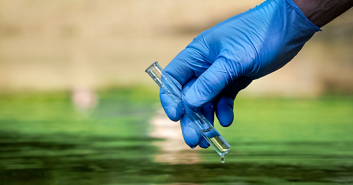 A gloved hand holds a test tube above a natural body of water