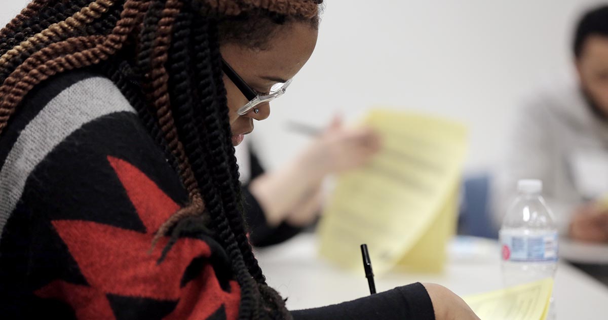 Philadelphia school teachers take part in a pre-testing session for a survey designed for new teachers.