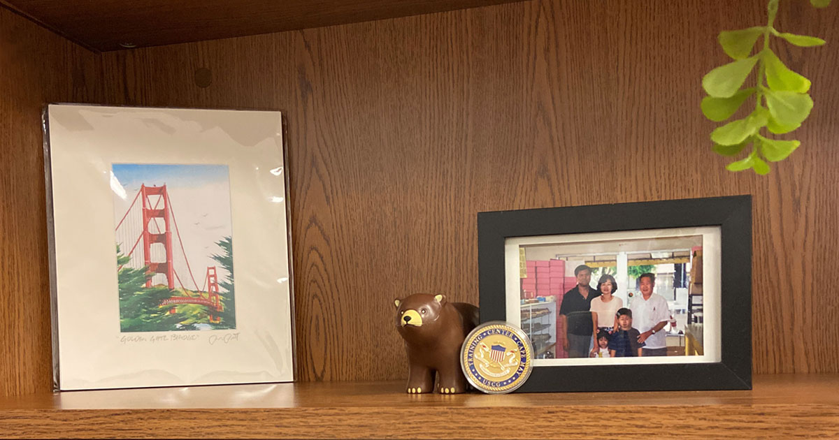 My Mathematica: Michelle Sou pictures on a bookshelf of family photo, medallion, bear, and bridge painting 