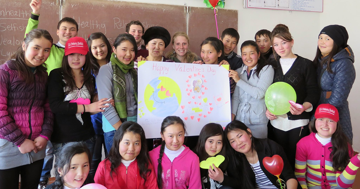 Britta Seifert with her student group on Valentine’s Day in Kyrgyzstan. 