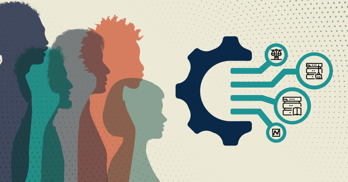 Abstract digital transformation illustration with silhouettes of people, a cog, and circuits 