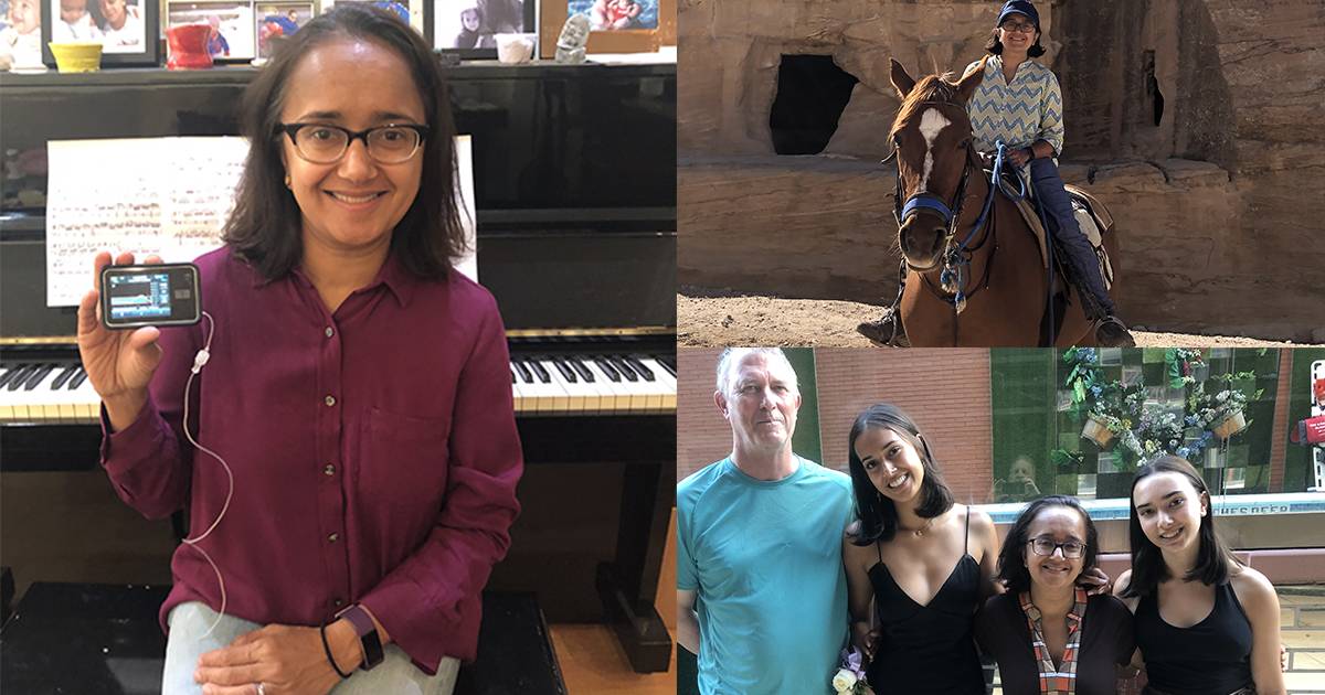 Clockwise from left: Purvi Sevak shows off her insulin pump; Purvi riding a horse on vacation; Purvi with her family.
