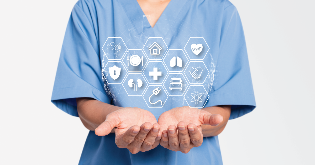 Illustration of health and social needs icons in the hands of someone wearing scrubs