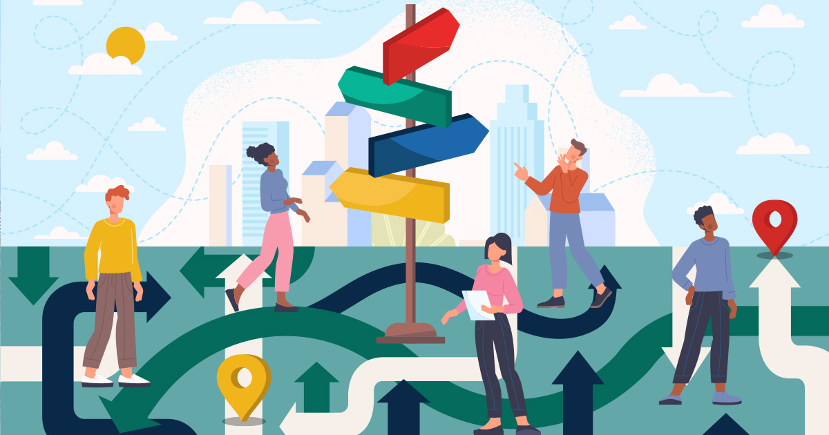 Illustration of people at complicated series of pathways and road signs.