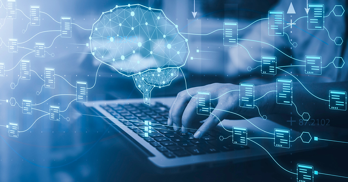 Programmer people hand touching AI, artificial intelligence software engineer coding on laptop with technology icons and binary code, big data, Ai bot digital machine