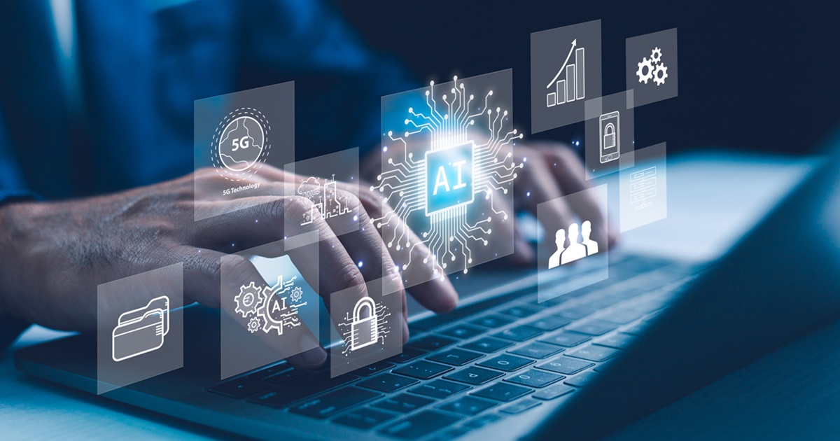 Man interacts with AI artificial intelligence brain processor big data and AI machine learning to use generative advanced technology business innovation and connectivity. Data security, and analytics.