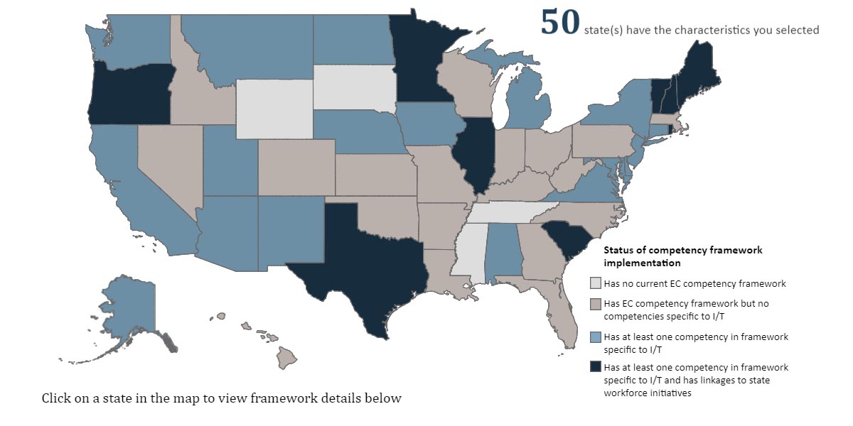 Screenshot of Interactive Map to Explore State Frameworks for Infant and Toddler Teacher and Caregiver Competencies