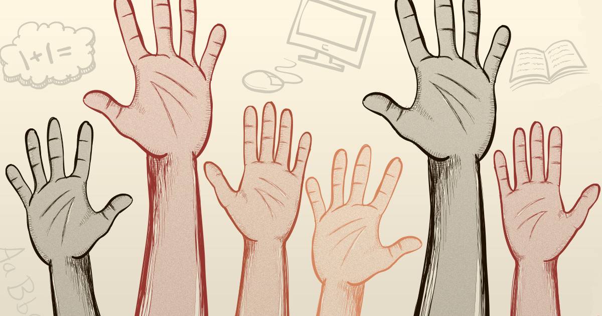 Illustration of children's hands raised