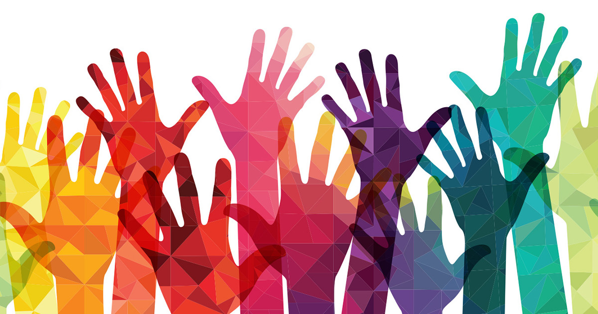 Stylized hands in rainbow colors reaching up. 