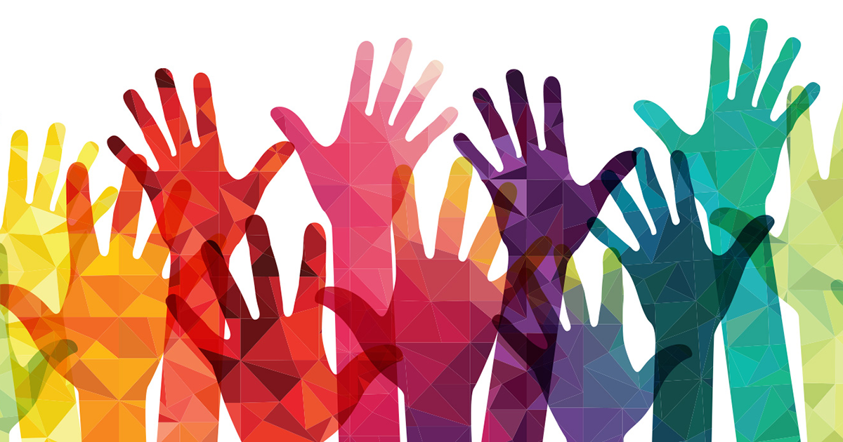 Stylized hands in rainbow colors reaching up.