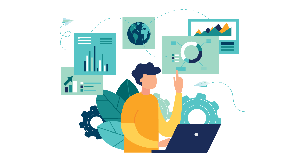Illustration of a person using a laptop and displays of various data and charts showing above their head. 