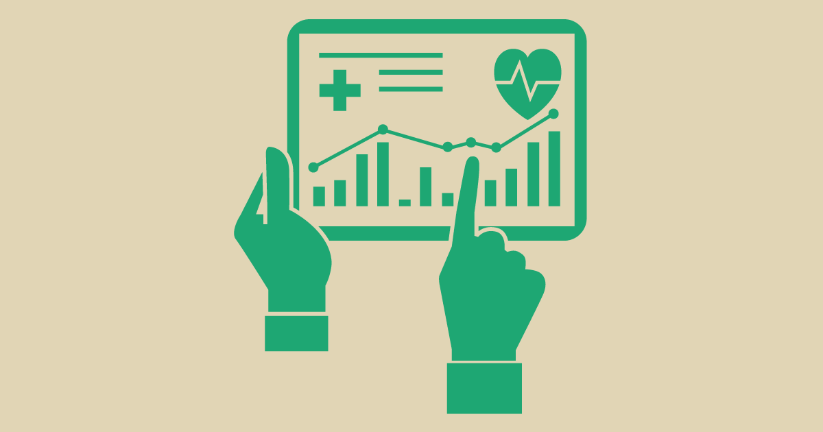 Illustration of hands using a tablet displaying health data.