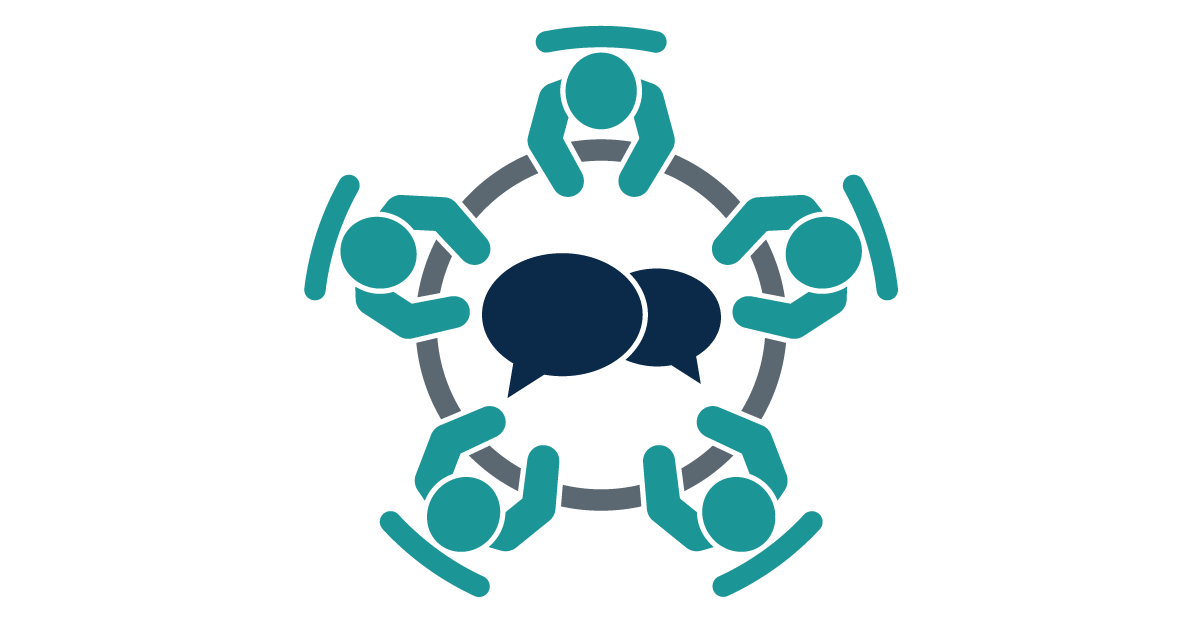 Illustration of five people sitting around a round conference table.