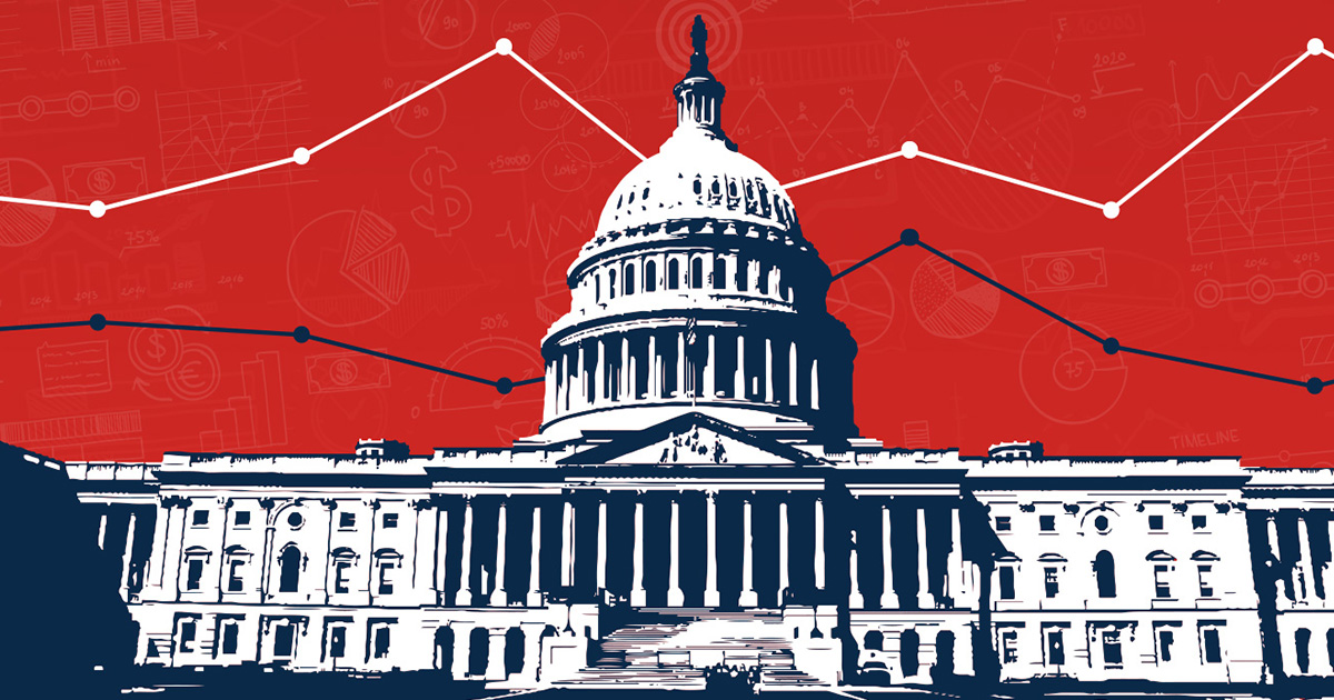 Illustration of the U.S. capitol beneath a red sky and a trendline 