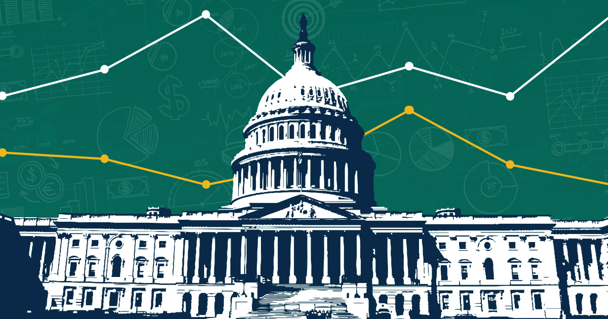 Illustration of Capitol building with a line graph behind it