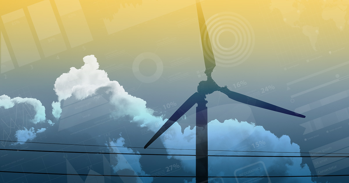 Illustration of wind turbine overlaid with charts