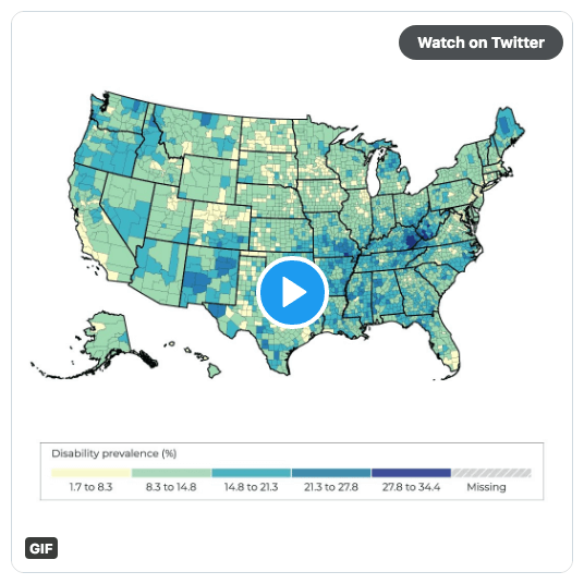 Color-coded map of the United States showing disability prevalence by country, with a play button, 'Watch on Twitter', and 'GIF' overlaid. 