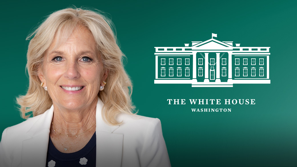 Headshot of First Lady Jill Biden with White House logo behind her.