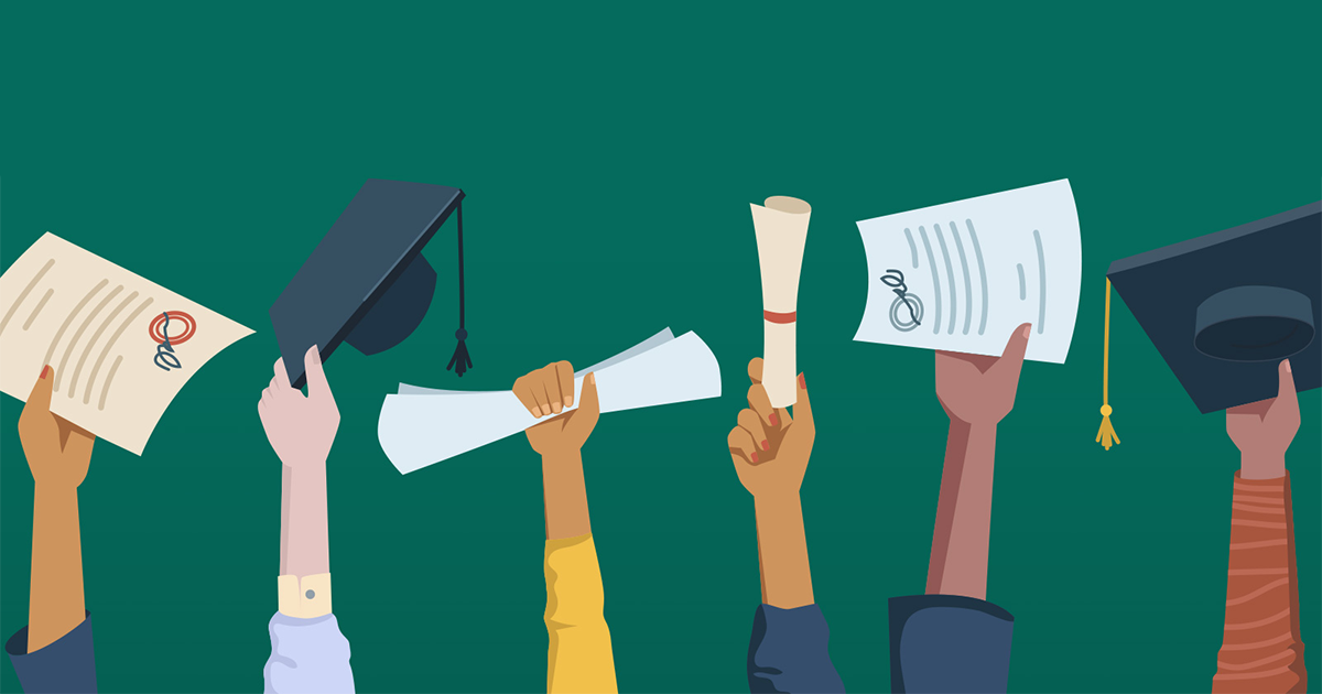 Illustration of hands with diplomas and graduation caps