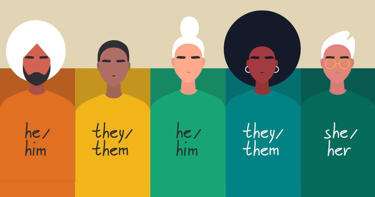 Minimalist illustration of a rainbow of various people with their pronouns overlaid. 