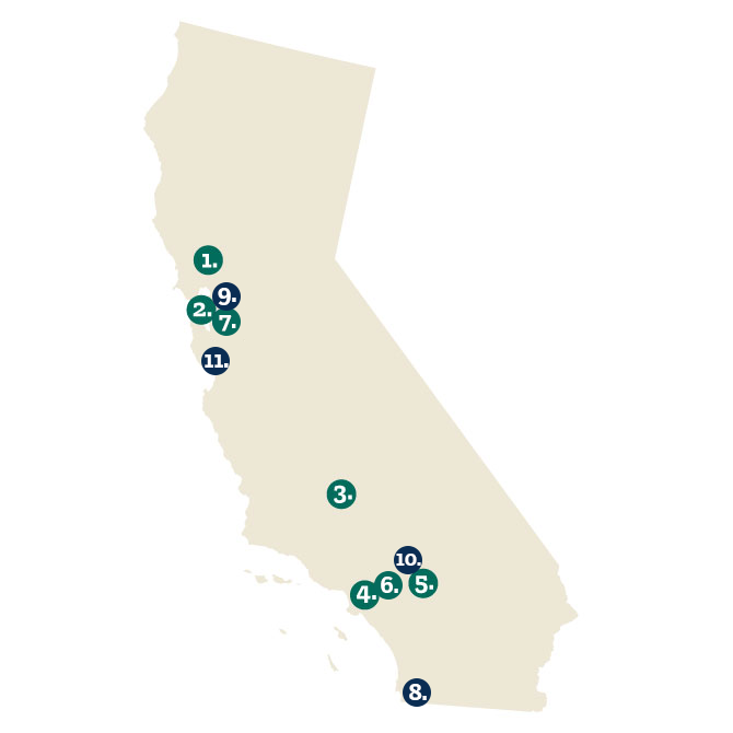 Map of California showing eleven numbered locations