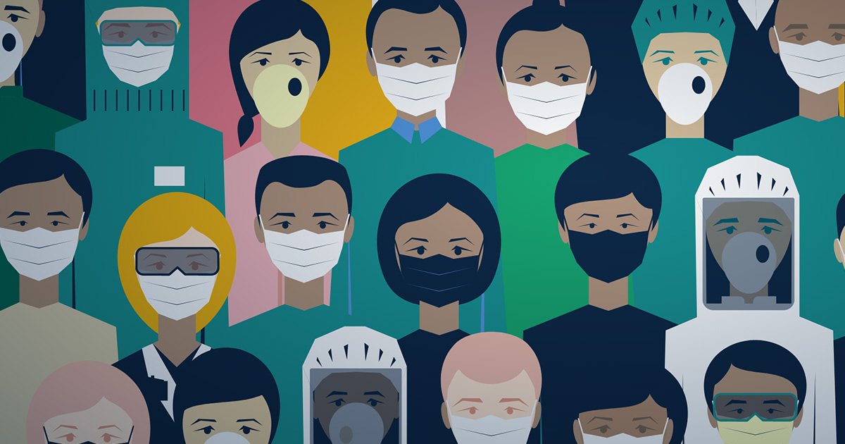 An illustration of people wearing masks to prevent the spread of COVID-19
