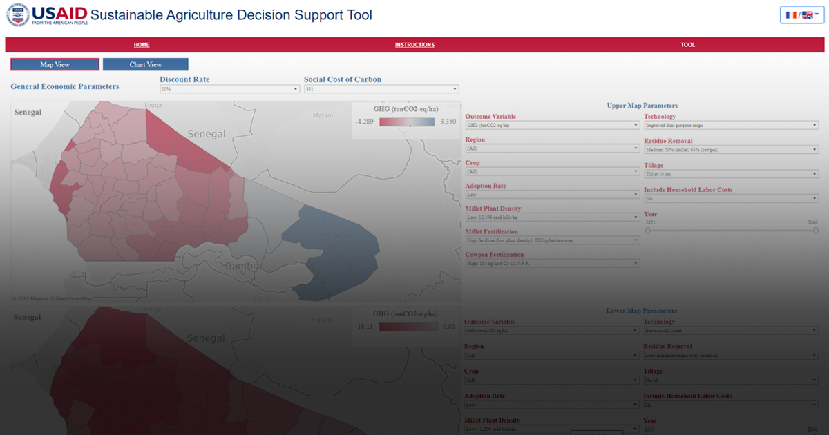 Screenshot of the USAID Sustainable Agriculture Decision Support Tool showing maps of Senegal colored according to various parameters, set by form fields