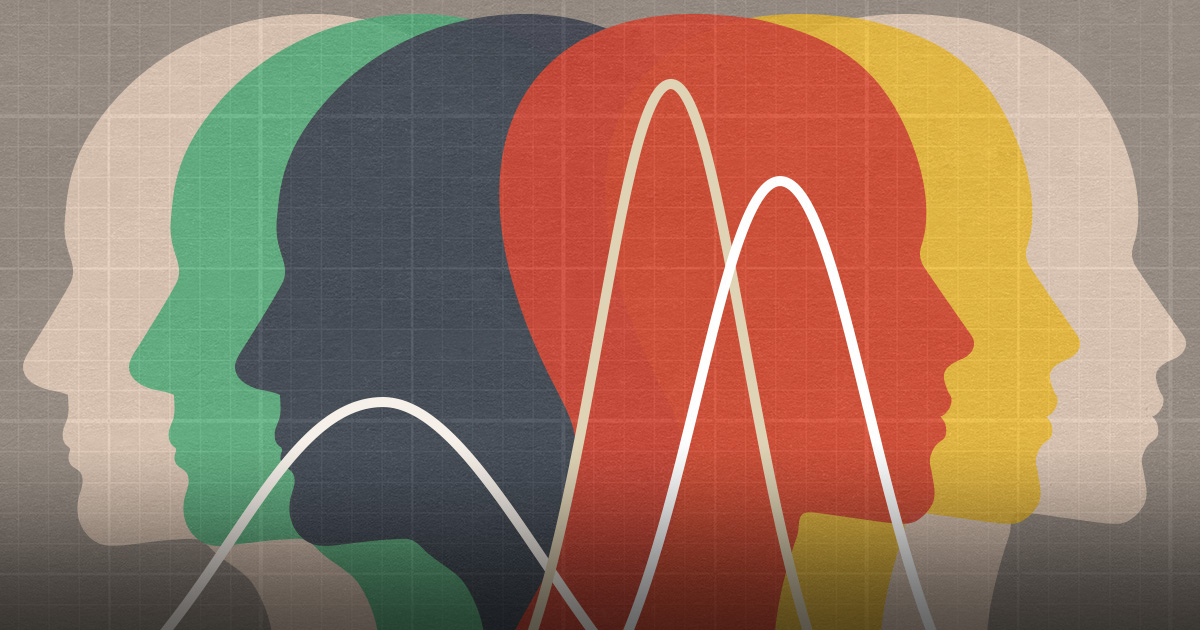 Illustration of several head silhouettes in different colors with graph paper behind and several line graphs in front.