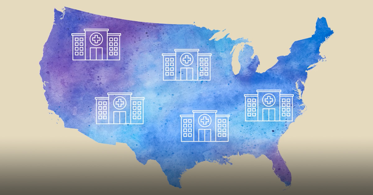 Illustration of a map of the contiguous United States with hospital icons scattered on top.