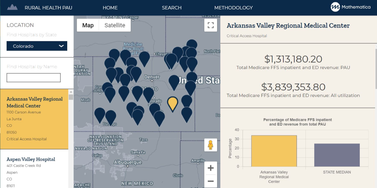 Snapshot of the Rural Health PAU dashboard that shows rural hospitals in Colorado