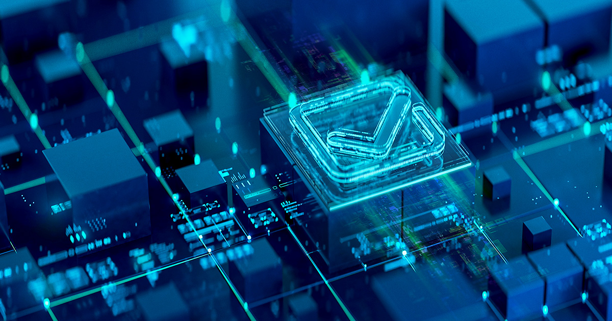 Futuristic digital landscape with glowing circuitry and a holographic checkmark symbol. The scene conveys technology, innovation, and digital approval.