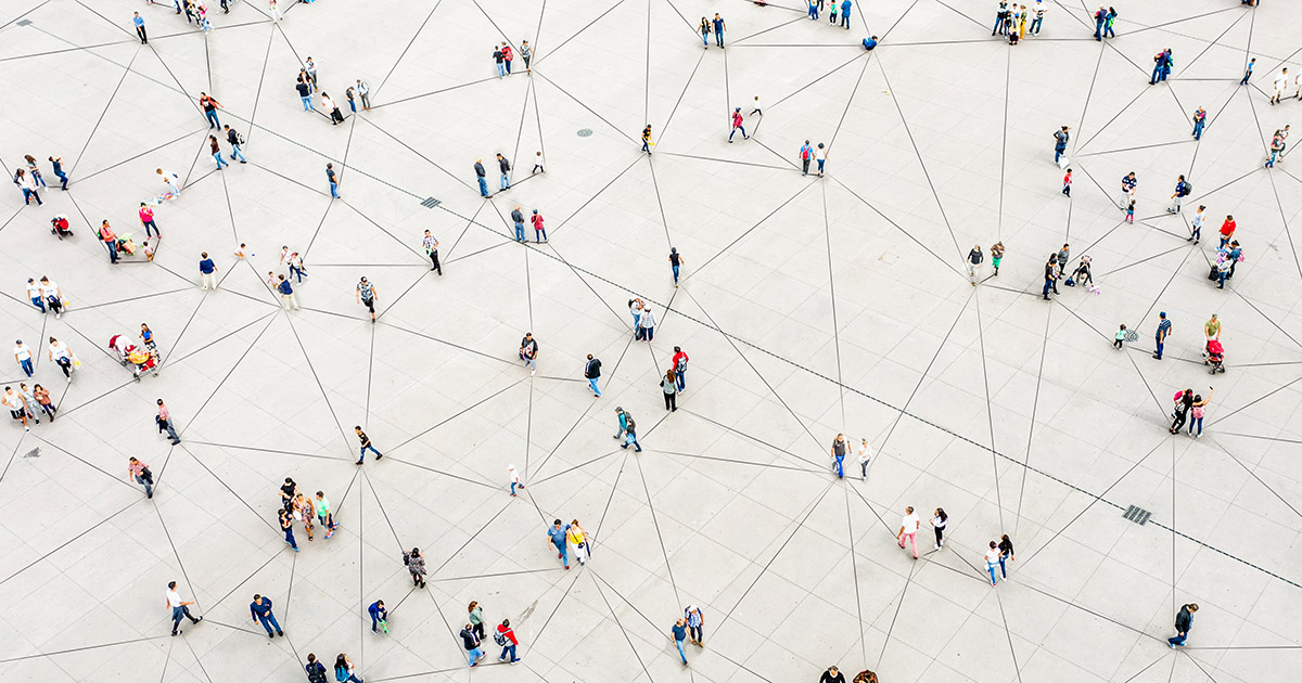 Aerial view of crowd connected by lines