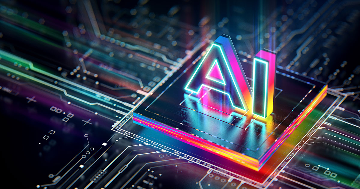 a computer chip with a colorful text