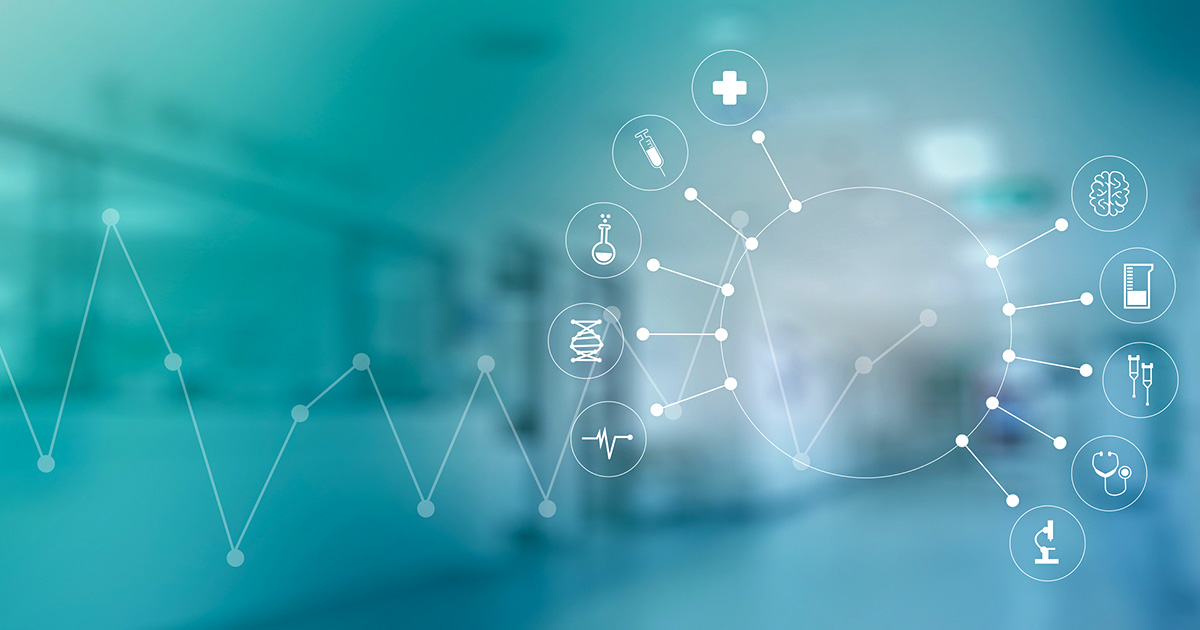 Image of hospital hallway with overlay of line graph and medical icons