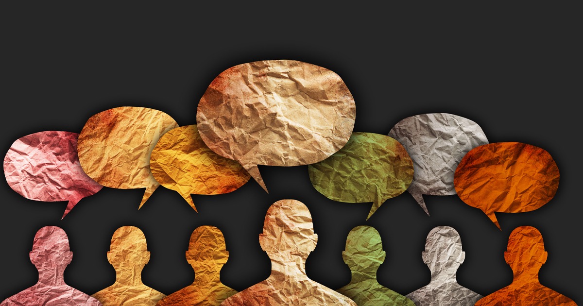 Diverse cultures, international communication concept. Human silhouette with speech bubbles.