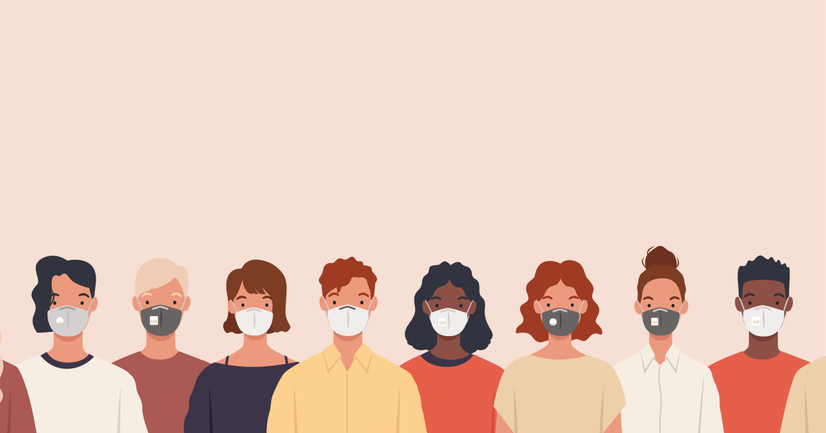 Illustration of a diverse set of people, all wearing medical masks. 