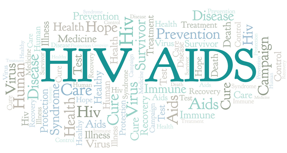 Word cloud featuring HIV and AIDS as the largest words, with related terms like virus, health, and medicine surrounding. 