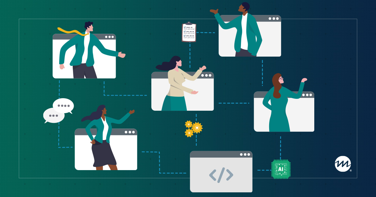 Illustration of diverse professionals collaborating in browser windows, linked by chat and digital lines.