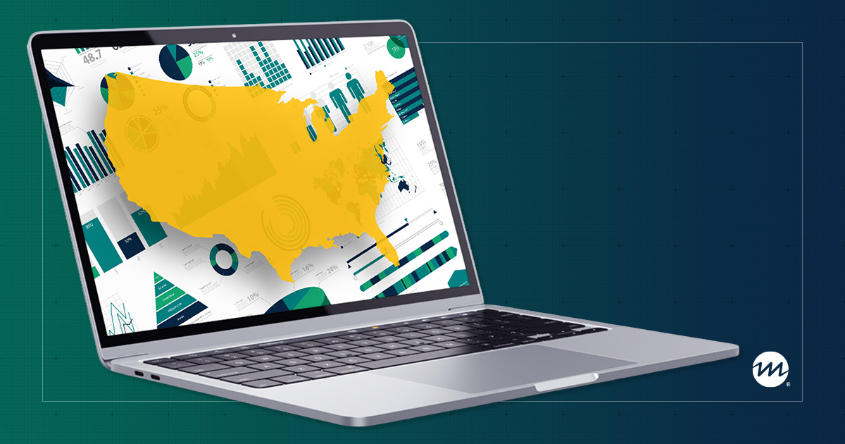 A laptop displays a colorful infographic with a large yellow map of the United States overlaid on various data charts and graphs