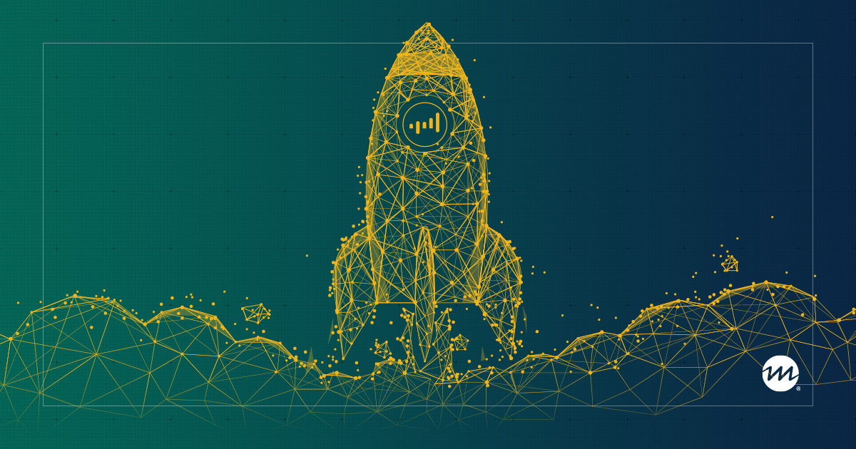 A yellow rocket made of data on a green to blue gradient background