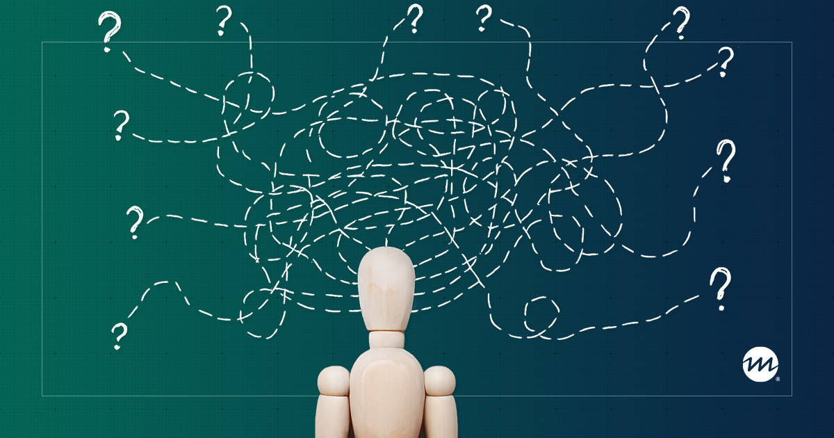 A wooden mannequin facing a surge of questions on a green-blue background