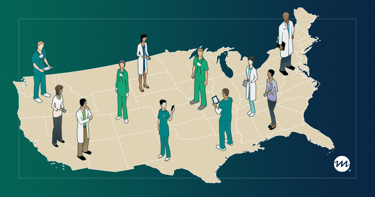 Medical professionals standing on map of US