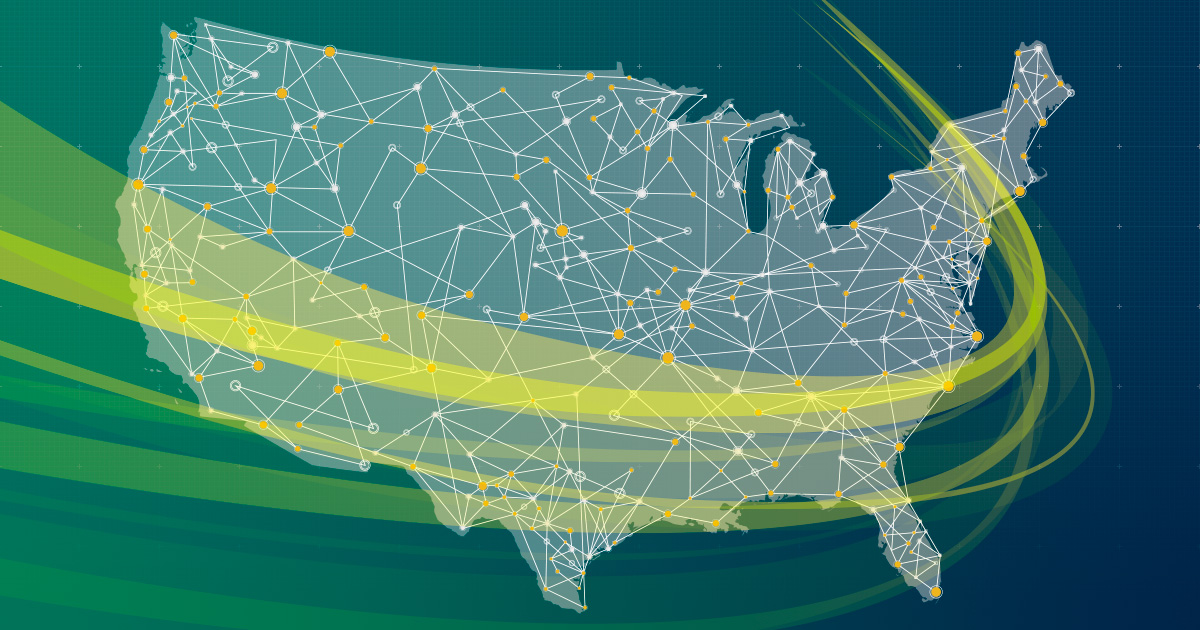 Stylized map of the United States overlaid with interconnected network nodes and lines, with green and yellow light trails suggesting nationwide communications and data connectivity.