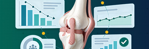 Illustration of a human knee joint on top of medical charts