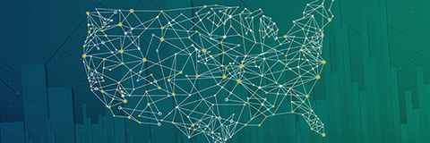 A network map of the United States featuring white lines and yellow dots