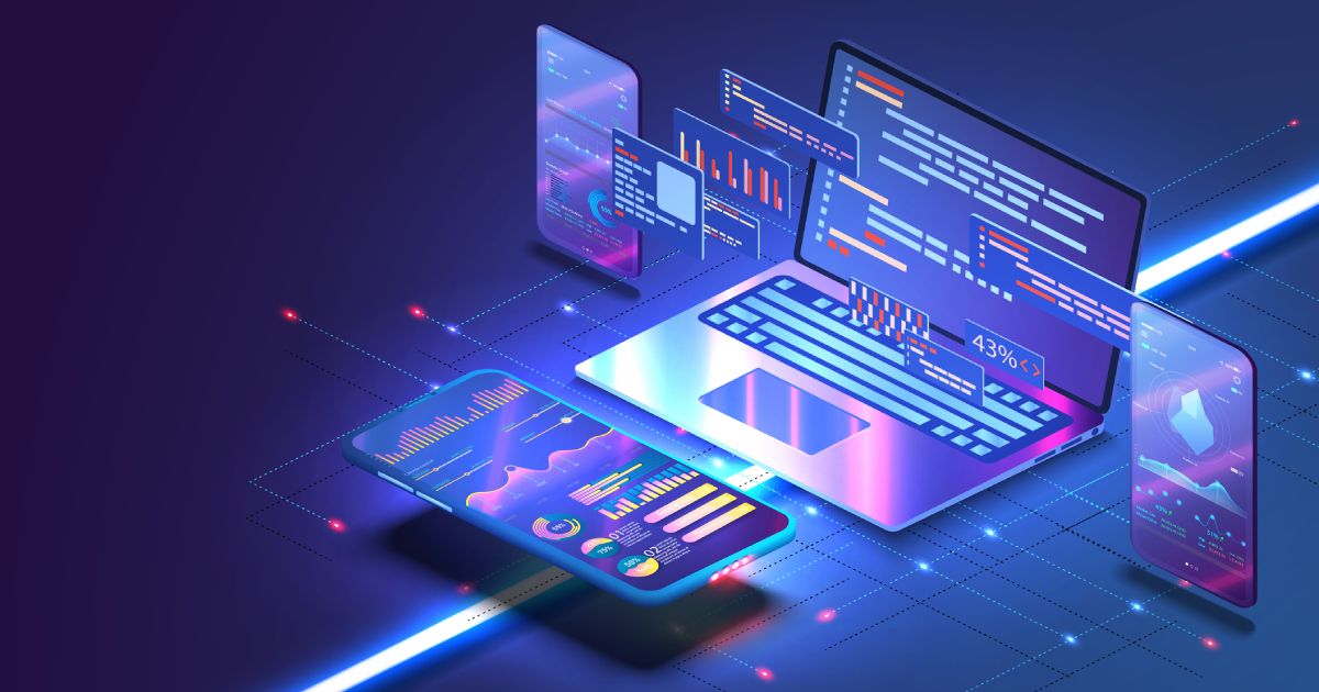 Application of Smartphone with business graph and analytics data on isometric mobile phone. Analysis trends and software development coding process concept. Programming, testing cross platform code stock illustration