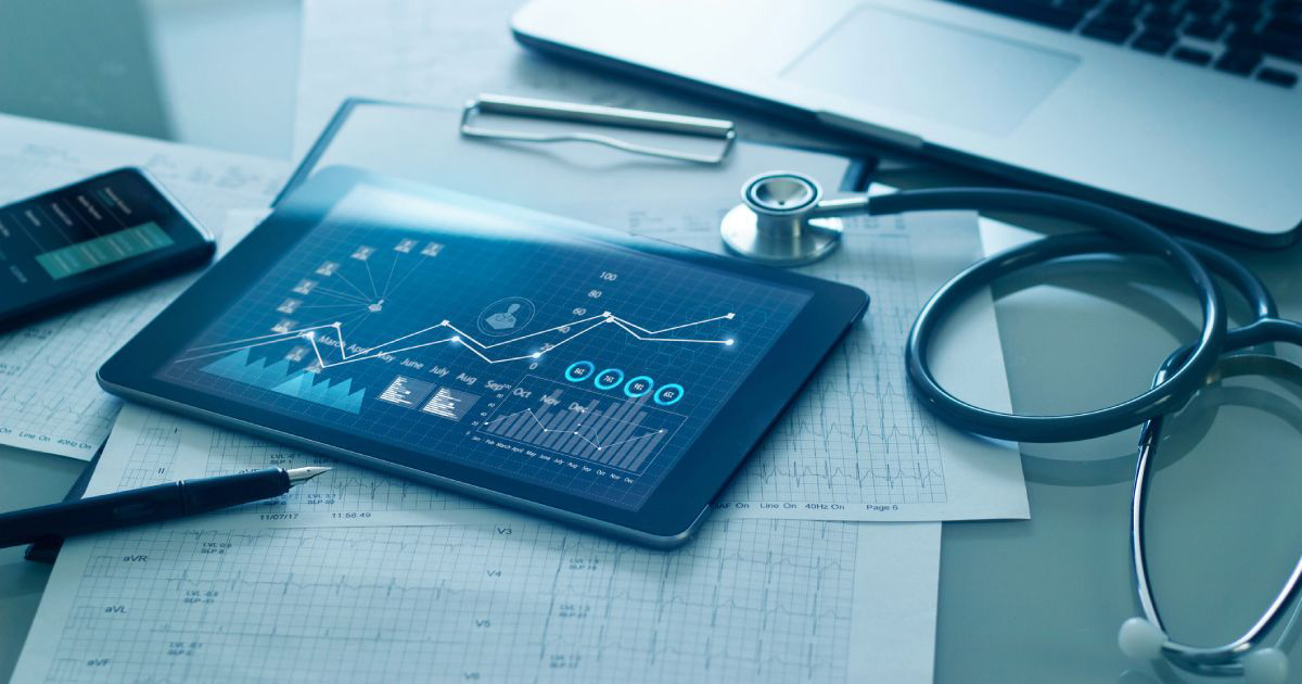 Healthcare business concept, Medical examination and growth graph data of business on tablet with doctor's health report clipboard on background.